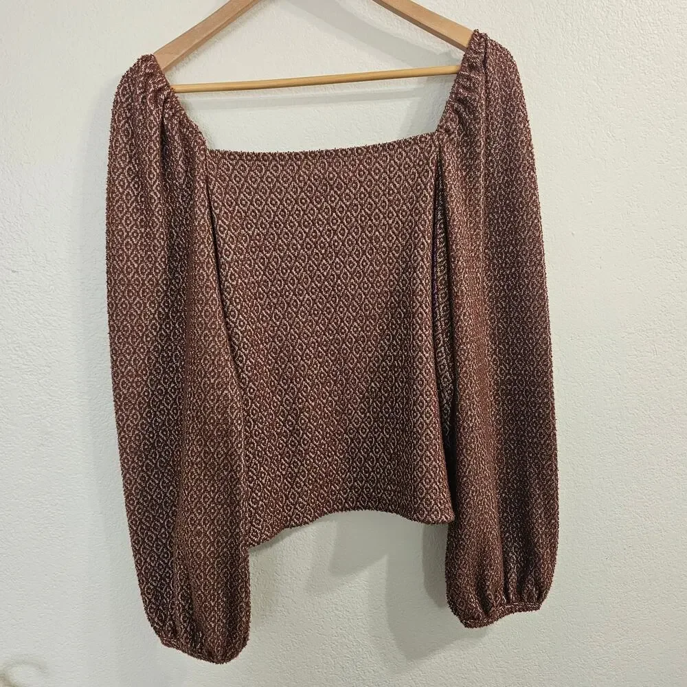 MADEWELL Jacquard Puff Sleeve Top in Dark Merlot Size L